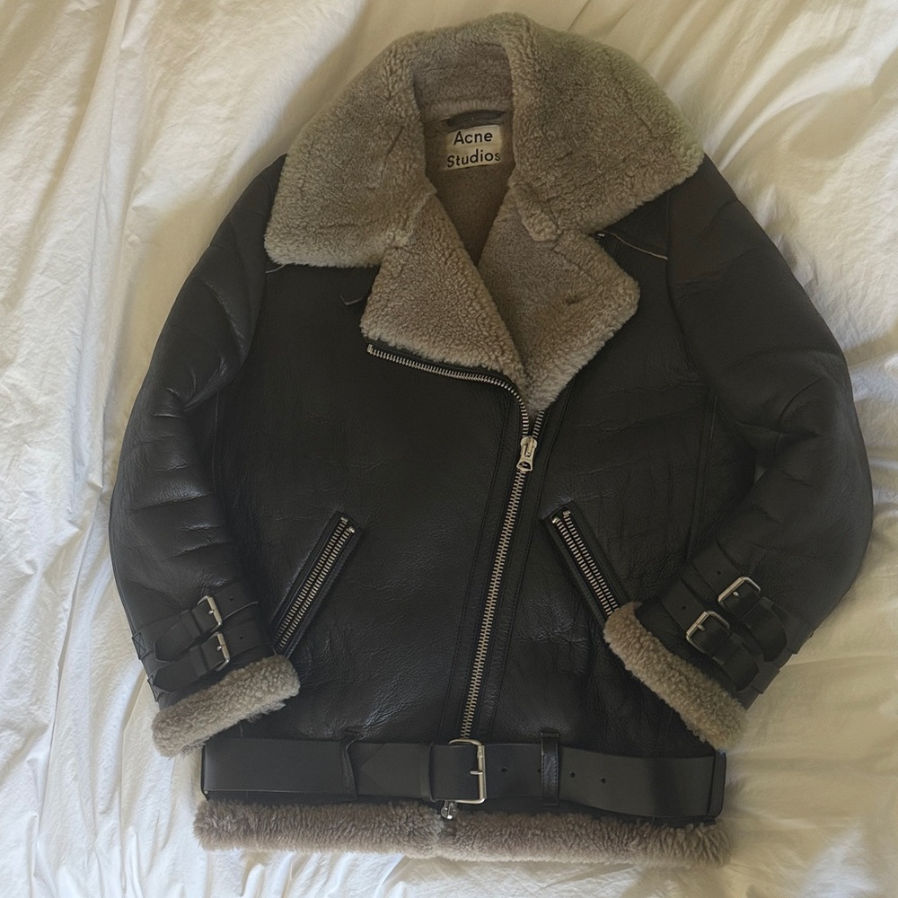 Acne Studios Velocite black leather gray fur oversized jacket in size 32 XS